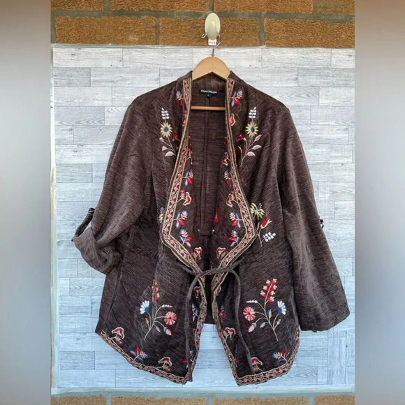 Tolani Collection  Embroidered Jacket with Roll-Tab Sleeve - Brown XL - Picture 1 of 10